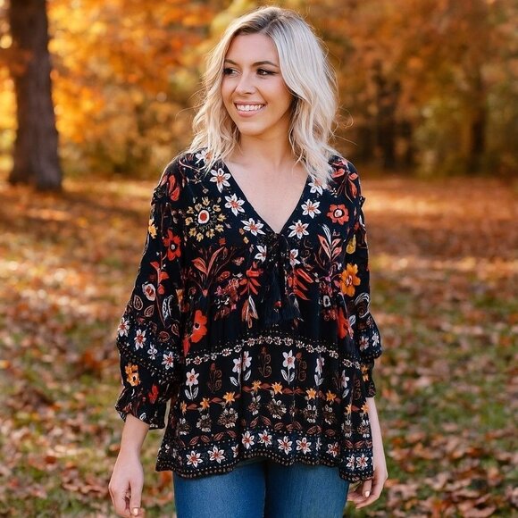 Easel Black and Floral V-Neck Babydoll Ruffle Blouse Boho Peasant Fall Holiday L - Picture 1 of 11